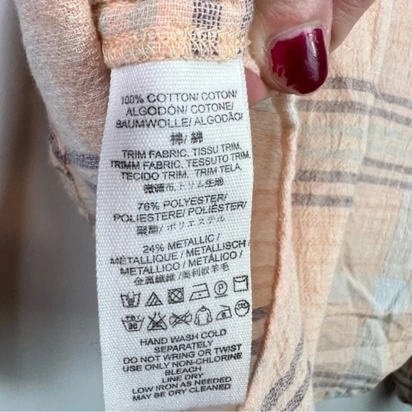 Free People Womens Button Up Shirt Large Peach Plaid Relaxed Dolman Sleeve Crop - Picture 6 of 9